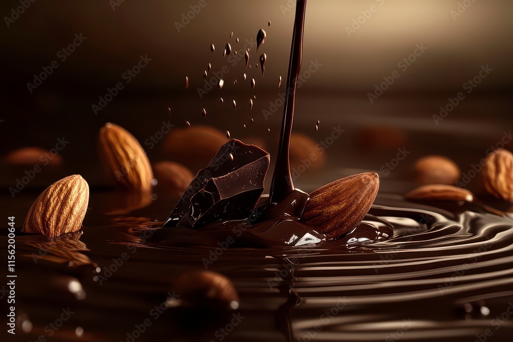 Aufkleber dark chocolate splashing into a pool with almonds, creating a rich and indulgent scene.