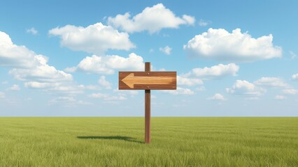 An isolated wooden arrow road sign in the middle of a vast open field, arrow, field, natural,