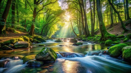 Panoramic Spring Forest Stream: Crystal Clear Water, Lush Greenery, Natural Beauty