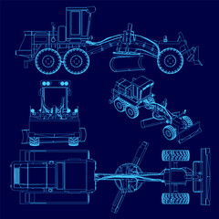 Blue drawing of a construction vehicle. The drawing is of a machine with a large blade on the front © German Ovchinnikov