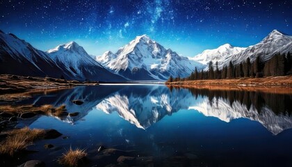 Snowy mountain peaks rise above a still lake, their reflection shimmering under the brilliance of a vibrant starry sky.