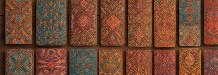 Colorful vector card set with diverse shapes and patterns on a wooden background,  illustration,  graphic elements