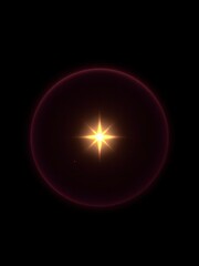 Obraz premium A single golden star shining in the center of a halo-like ring on a black background against a subtle gradient of pink and purple hues, halos, shimmering light, abstract pattern., golden star