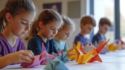 Children attentively create colorful origami birds
