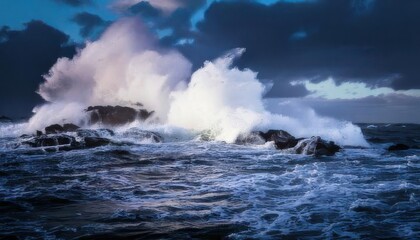 Fototapeta premium Waves crash forcefully against each other beneath the fiery hues of a cloudy sunset, crafting a striking seascape.