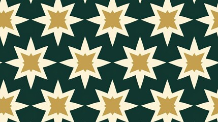 Seamless geometric pattern with gold and cream stars on a dark green background.