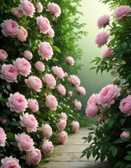 Fototapeta premium Delicate pink roses and peonies in a lush green corner with soft lighting, arrangement, bouquet