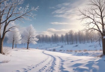 Obraz premium Delicate snowflake border surrounding a winter landscape with bare trees and falling snowflakes, serene atmosphere, snowflake design