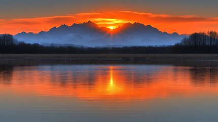 Obraz premium Majestic Sunset Over Mountain Lake Reflection