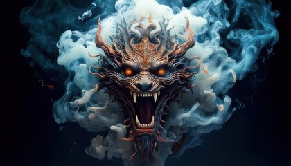 A fierce demonic face with fiery glowing eyes and sharp teeth emerges from swirling smoke, creating a menacing and mystical aura.