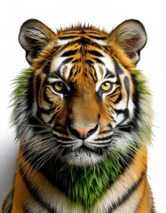Obraz premium Realistic tiger portrait featuring vibrant orange fur and distinctive green fur accents, set against a clean white background.