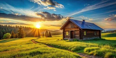 Rustic Cabin Field Landscape Photography: Countryside Home, Rural Retreat, Farm House, Scenic View, Idyllic Setting, Nature Escape