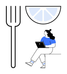 Young woman in blue top and white pants sits with laptop near large fork and lemon wedge. Ideal for food blogs, technology, working remotely, modern lifestyle, digital content, education, creativity