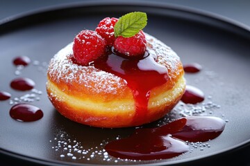 Raspberry glazed donut on dark plate, delicious dessert. 