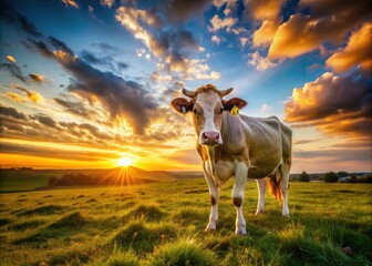 Serene Cow Sunset Gaze: Peaceful Night Photography, Cattle Silhouette, Rural Landscape, Golden Hour