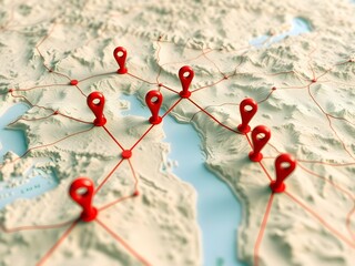 3d map with red location pins and network lines illustrating gis mapping and spatial data connections, background, wallpaper 