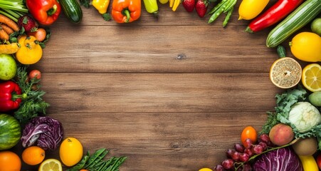 Vibrant fresh fruits and vegetables arranged in a circle on rustic wooden background, leaving a central copy space.