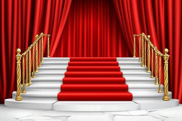Fototapeta premium Grand Red Carpet Staircase with Golden Railings and Dramatic Red Curtains: A Luxurious Entrance