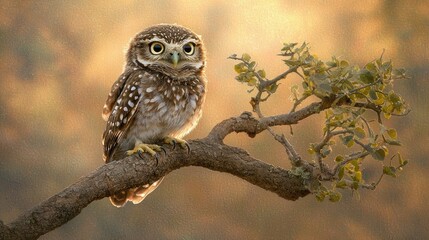 Small owl perched on a tree branch at sunset, looking directly at the camera.