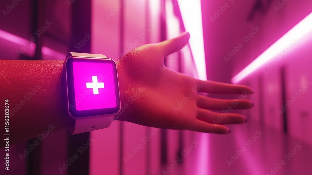 Aufkleber hand with smartwatch displaying a pink plus sign.