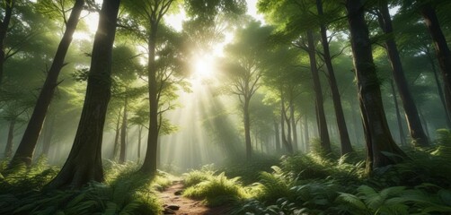 Lush green forest with towering trees and sunlight filtering through leaves,  canopy,  foliage