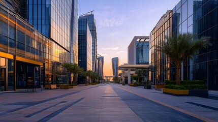 Modern city walkway between glass skyscrapers at sunrise
