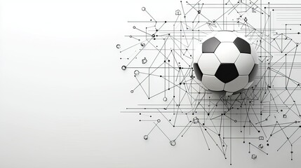 Soccer ball amidst abstract network lines, white background.