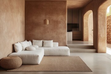 Minimalist living room with neutral tones, earthy textures, and outdoor access.