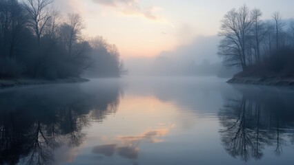 Fototapeta premium Mystical Morning Mist: Serene River Landscape at Dawn