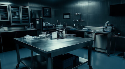 Empty research laboratory with sterile white walls and stainless steel tables. The absence of activity symbolizes potential and the promise of future discoveries.