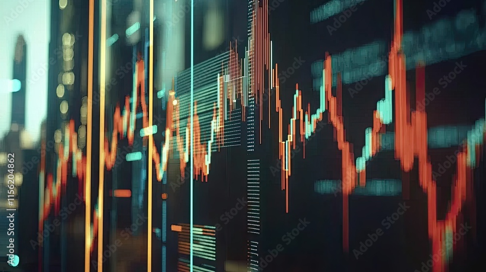 Poster stock market data displayed on a large screen showing fluctuating graphs and numbers against a city 