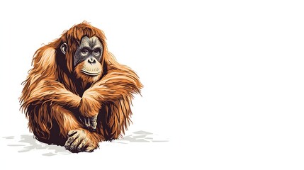 Orangutan Sitting Calmly on White Background