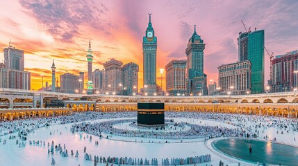 Stunning sunset over Mecca's Grand Mosque, showing the Kaaba and surrounding buildings filled with pilgrims.
