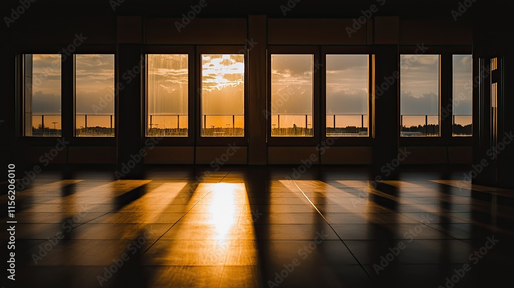 Poster sunset view through large windows in a dark, empty room.