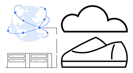 Globe with network connections, cloud icon, sneaker, and data servers. Ideal for global connectivity, cloud computing, digital storage, sneaker technology, internet services, data management, modern