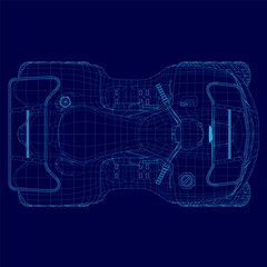 Blue drawing of a car with a blue background. The car is a futuristic design with a blue color scheme