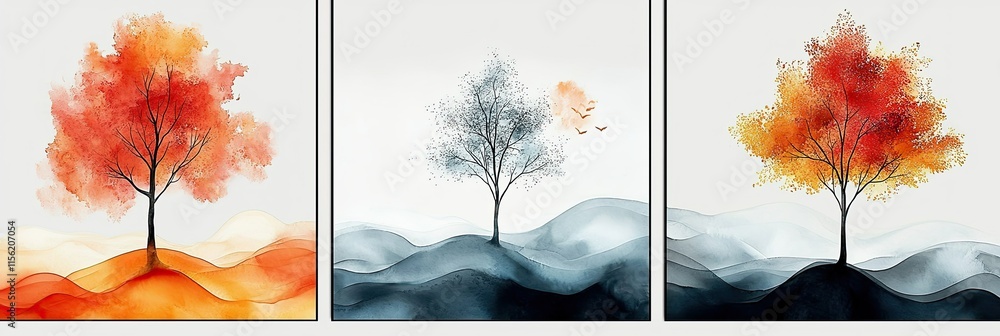 Poster three artistic representations of trees in autumn colors against abstract backgrounds.