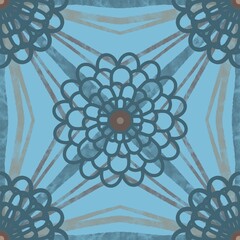 Large Scale Floral Motif in Chocolate Brown and Teal Repeating Pattern with Stripes