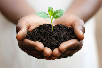 Person cradling tiny plant in hands, gentle sunlight illuminating delicate green leaves.