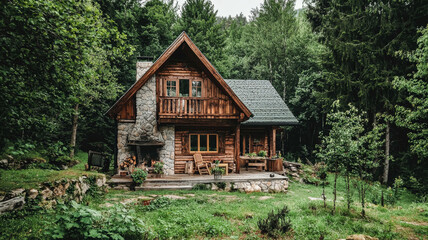 A cozy mountain cabin crafted from wood, featuring a stone chimney, nestled among snow-capped peaks and surrounded by a serene pine forest, creating a perfect winter retreat.