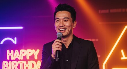 Man Speaking into Microphone at Happy Birthday Celebration