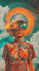 Fototapeta premium Woman with VR headset, surreal art, futuristic, colorful, abstract, digital art, collage, imagination, technology, art, fashion
