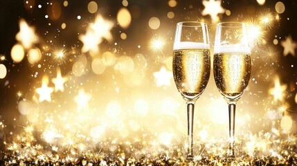Two champagne flutes filled with sparkling wine against a shimmering gold bokeh background.