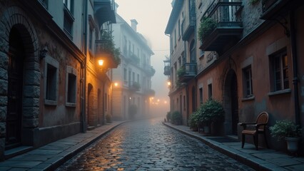 Fototapeta premium Mysterious Foggy Alley in European Town
