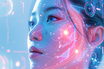 Woman with Neon Glitter on Face beauty technology and skincare innovation. Futuristic plastic surgery. Facial rejuvenation concept
