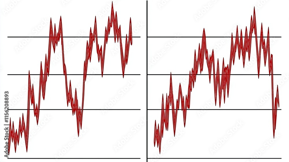 Poster two line graphs showing fluctuating data points over time, with gridlines for reference.