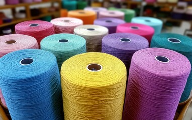 Vibrant hues of yarn cones, a colorful spectrum of threads ready for creative projects. Inspire your next masterpiece!