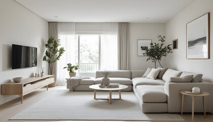 Fototapeta premium Modern living room with luxurious furniture, featuring large windows and a comfortable atmosphere, perfect for a stylish home or apartment interior