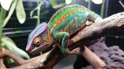A close-up view of a panther chameleon perched on a branch, showcasing its stunning and vibrant skin colors. The chameleon's vivid hues, ranging from bright oranges to greens and blues, 