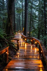 Fototapeta premium Wooden boardwalk path winding through a lush rainforest, lit by warm lights on a misty evening.